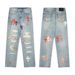 [Best Quality] Chr0me  Hearts CH Leopard Colorful Crosses Patch Ripped Denim Jeans