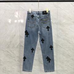 [Best Quality] Chr0me  Hearts CH Black Leather Crosses Patch Denim Jeans
