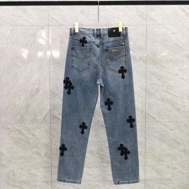 [Best Quality] Chr0me  Hearts CH Black Leather Crosses Patch Denim Jeans