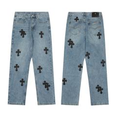 [Best Quality] Chr0me  Hearts CH Black Leather Crosses Patch Denim Jeans