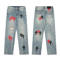 [Best Quality] Chr0me Hearts CH Red Black Crosses Patch Ripped Denim Jeans