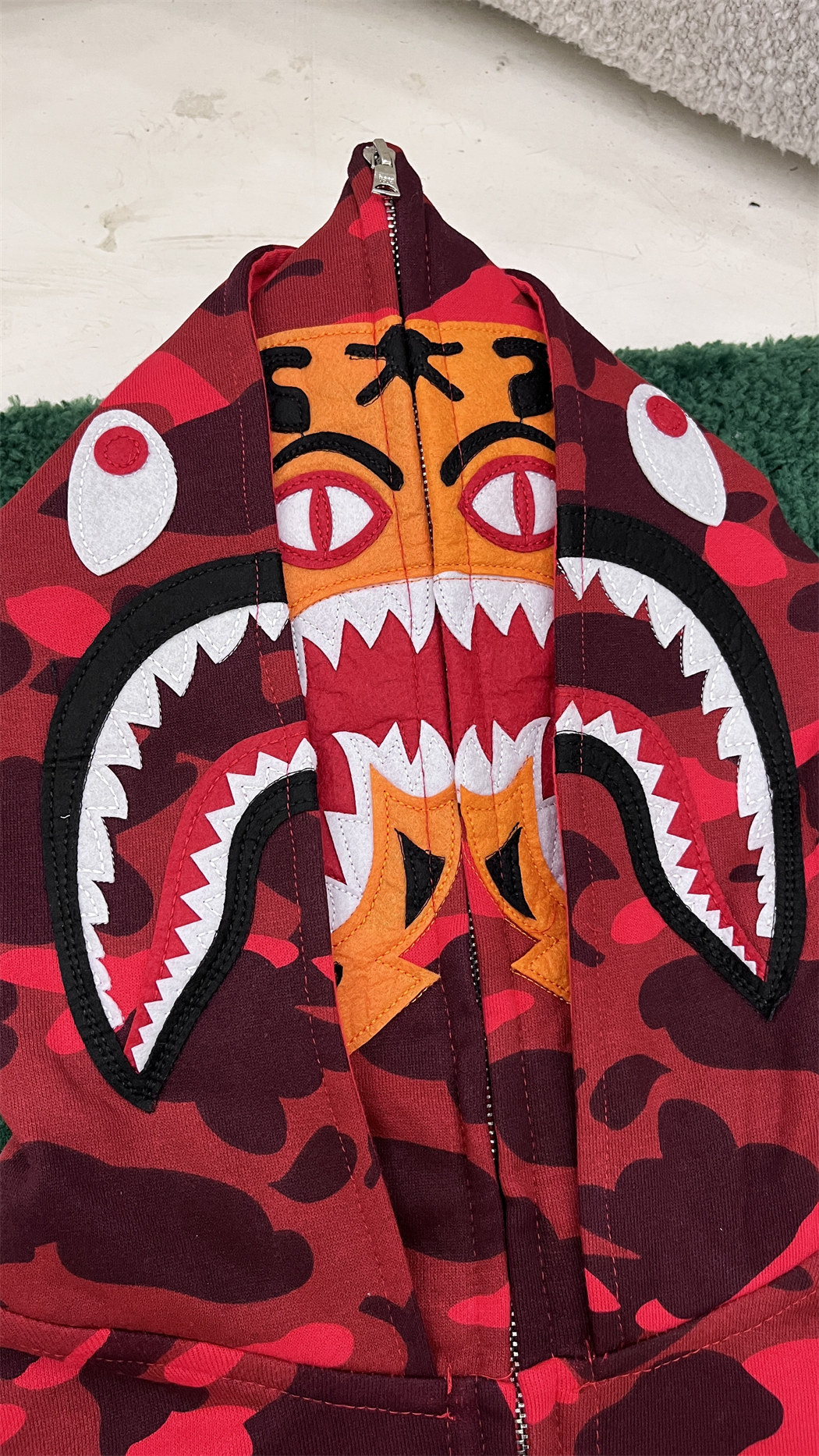 Bape Shark Tiger Double Hood Camo Hoodie Sweatshirt (Purple/Red/Blue)