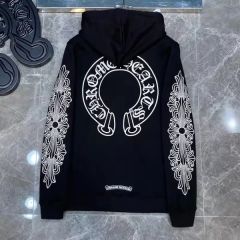 Chr0me Hearts Sleeve Print Back Horseshoe Logo Zipped Hoodie Black White