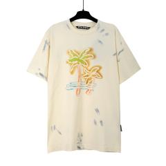 Palm Angels Painted Palm Tree Beige T-Shirt & Neon Sweats Shorts