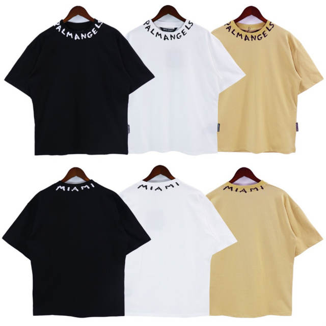 Palm Angels Collar Letters Print T-Shirts Black White Khaki