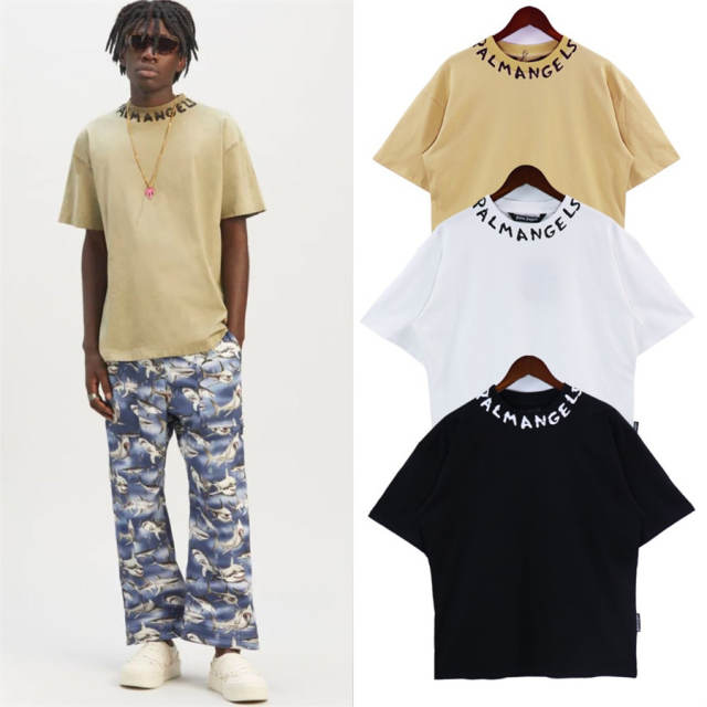 Palm Angels Collar Letters Print T-Shirts Black White Khaki