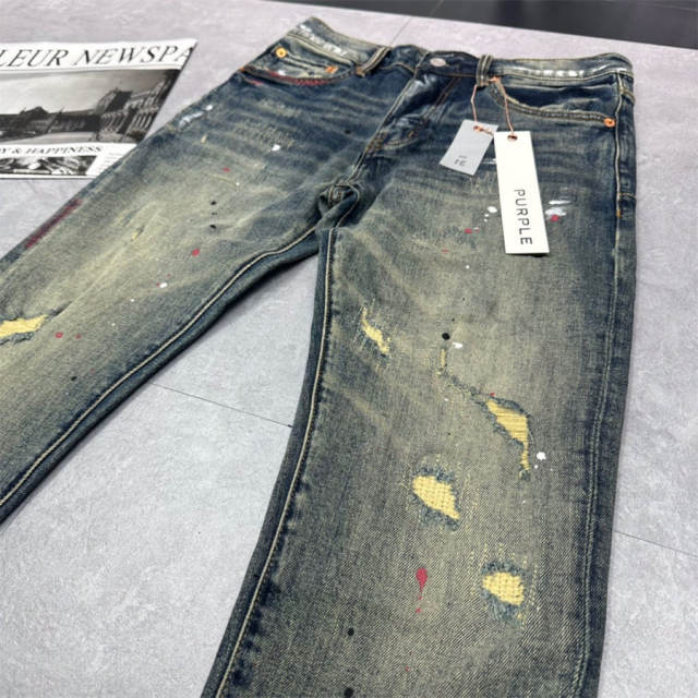 1:1 Quality PURPLE BRΑND Mid Indigo Destroy Denim Jeans 23SS Paint Pants Men P002 Slim