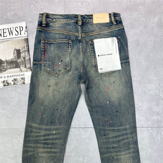 1:1 Quality PURPLE BRΑND Mid Indigo Destroy Denim Jeans 23SS Paint Pants Men P002 Slim