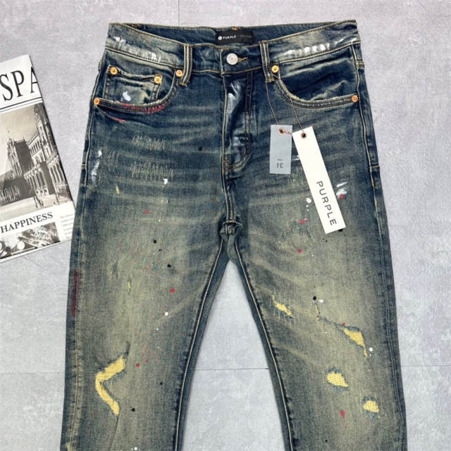 1:1 Quality PURPLE BRΑND Mid Indigo Destroy Denim Jeans 23SS Paint Pants Men P002 Slim