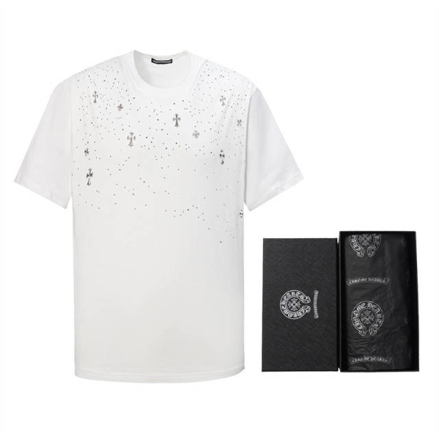 1:1 Quality Chr0me Hearts Crystal Metal Cross T-Shirt Black White (with box)