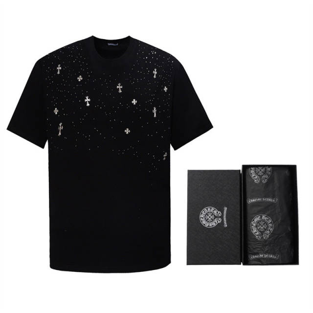 1:1 Quality Chr0me Hearts Crystal Metal Cross T-Shirt Black White (with box)
