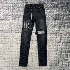 1:1 Quality 23SS Diamon Crystal Patch Jeans Pants Black