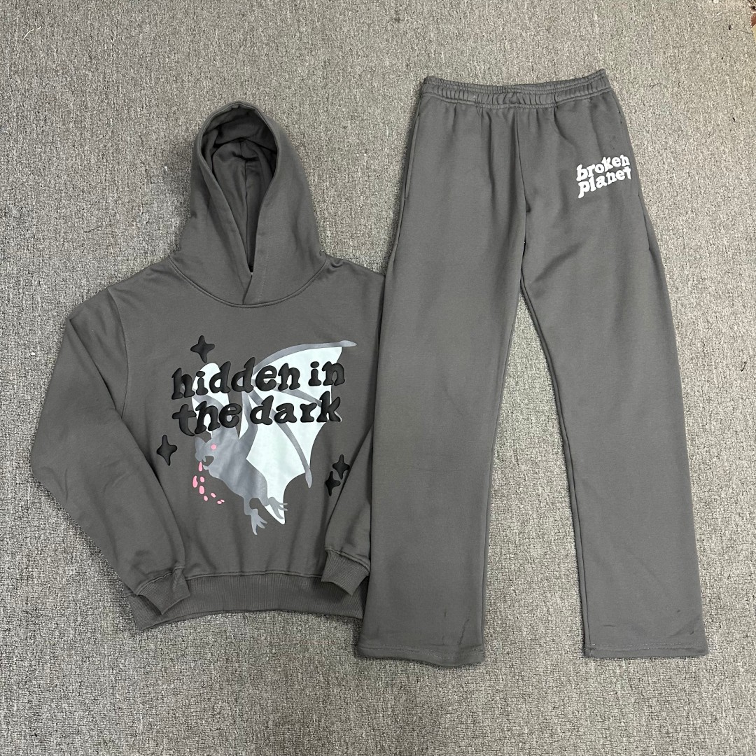 Sp5der Web Green Fonts Hoodie Pants Tracksuit Gray