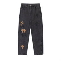 Chr0me Hearts CH Cross Brown Patch Distressed Pants Jeans Black