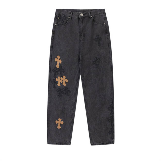 Chr0me Hearts CH Cross Brown Patch Distressed Pants Jeans Black