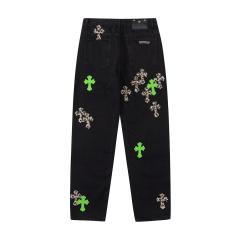 Chr0me  Hearts CH Green Leopard Distressed Pants Jeans