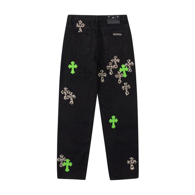 Chr0me  Hearts CH Green Leopard Distressed Pants Jeans