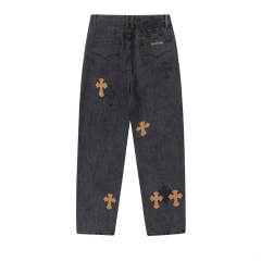 Chr0me Hearts CH Cross Brown Patch Distressed Pants Jeans Black