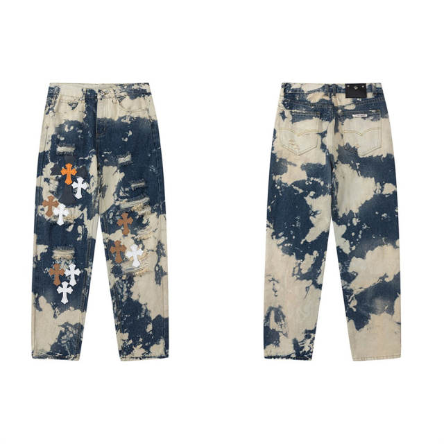 Chr0me Hearts CH Cross Patch Distressed Pants Jeans Tie Dye