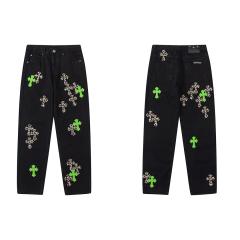 Chr0me  Hearts CH Green Leopard Distressed Pants Jeans