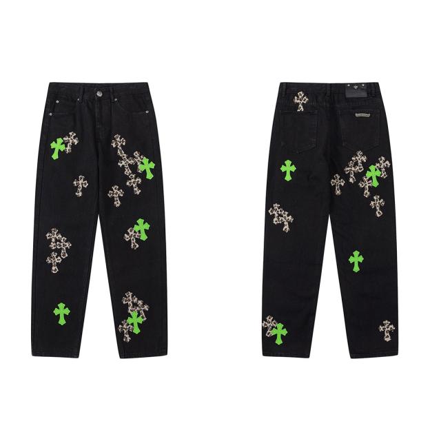 Chr0me  Hearts CH Green Leopard Distressed Pants Jeans