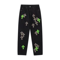 Chr0me  Hearts CH Green Leopard Distressed Pants Jeans