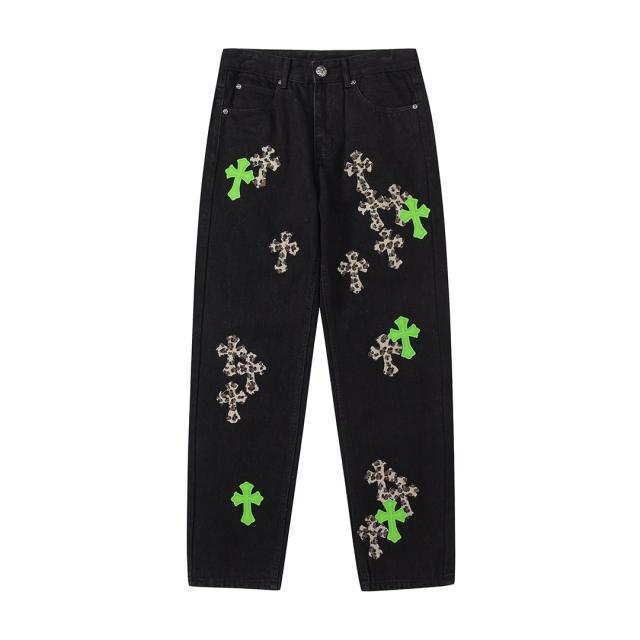 Chr0me  Hearts CH Green Leopard Distressed Pants Jeans