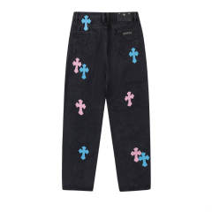 Chr0me Hearts CH Cross Pink Blue Patch Distressed Pants Jeans Black