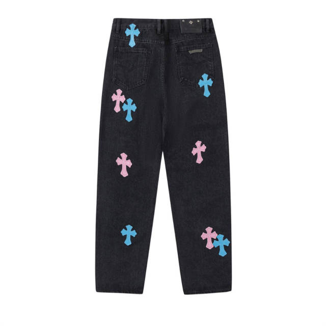 Chr0me Hearts CH Cross Pink Blue Patch Distressed Pants Jeans Black