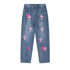 Chr0me  Hearts CH Cross Pink Patch Distressed Pants Jeans Indigo Denim
