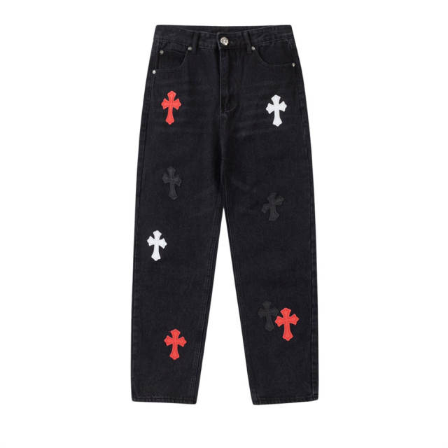 Chr0me  Hearts CH Cross White Red Patch Distressed Pants Jeans Black