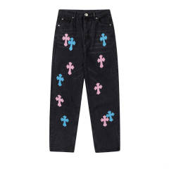 Chr0me Hearts CH Cross Pink Blue Patch Distressed Pants Jeans Black