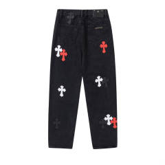 Chr0me  Hearts CH Cross White Red Patch Distressed Pants Jeans Black