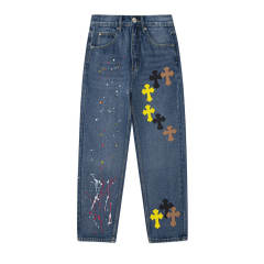 Chr0me Hearts CH Multi-Cross Patch  Paint Splatter Indigo Denim Pants Jeans