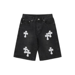 Chr0me Hearts White Cross Black Denim Shorts