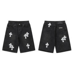 Chr0me Hearts White Cross Black Denim Shorts