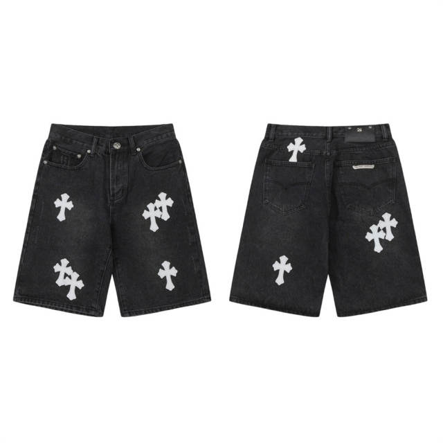 Chr0me Hearts White Cross Black Denim Shorts