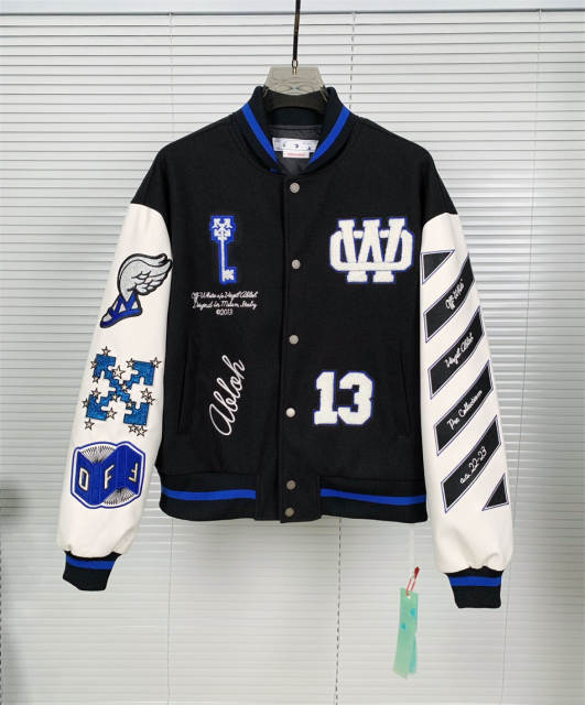 OW Embroidered Rheinstone Flying Horse Varsity Jacket Black