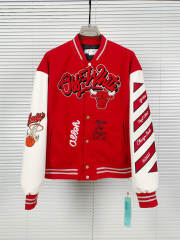 OW Embroidered Rheinstone Bulls Varsity Jacket Red