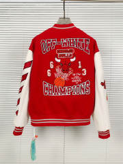 OW Embroidered Rheinstone Bulls Varsity Jacket Red