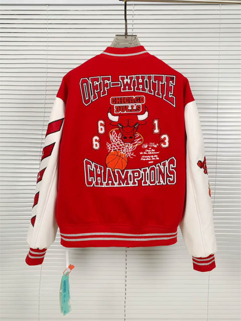 OW Embroidered Rheinstone Bulls Varsity Jacket Red