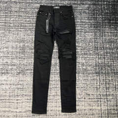 1:1 Quality Jeans 23SS Leather Patchwork Pants Men Black
