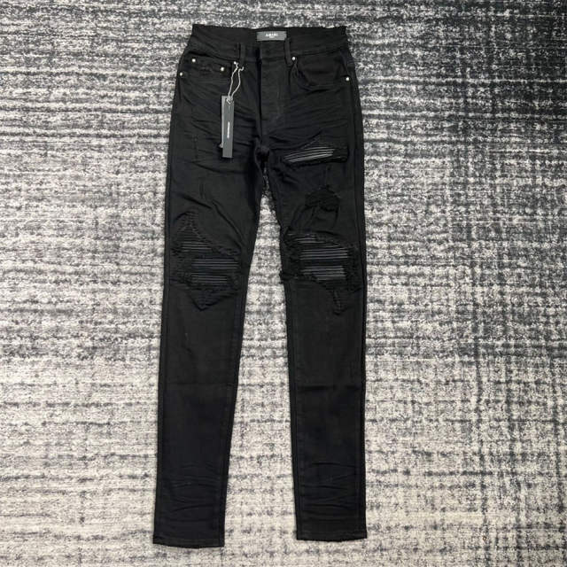 1:1 Quality Jeans 23SS Leather Patchwork Pants Men Black