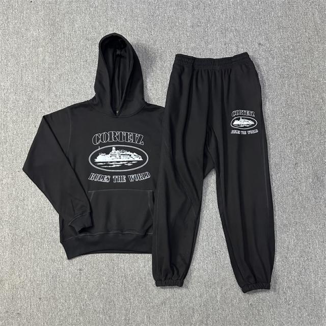 Corteiz Classic Alcatraz Base Fleece Tracksuit Hoodie Sweatpants Black White Gray Blue