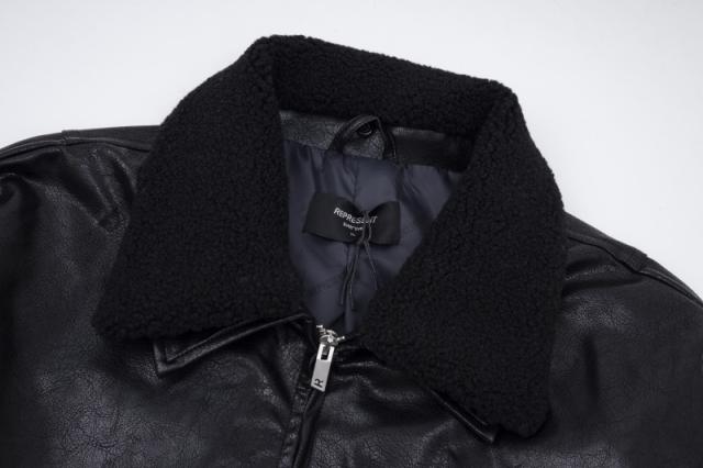 Represent Faux-Fur Collar Leather Jacket Black