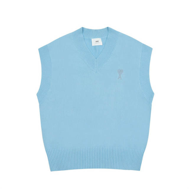 AMI Paris V-Neck Wool Vest Black Blue Pink White