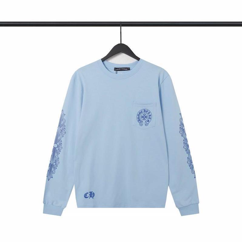 Chrome Hearts Blue Long Sleeve Tee with Horseshoe and Floral Graphics Reps