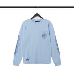 Chr0me Hearts Blue Long Sleeve Tee with Horseshoe and Floral Graphics Reps