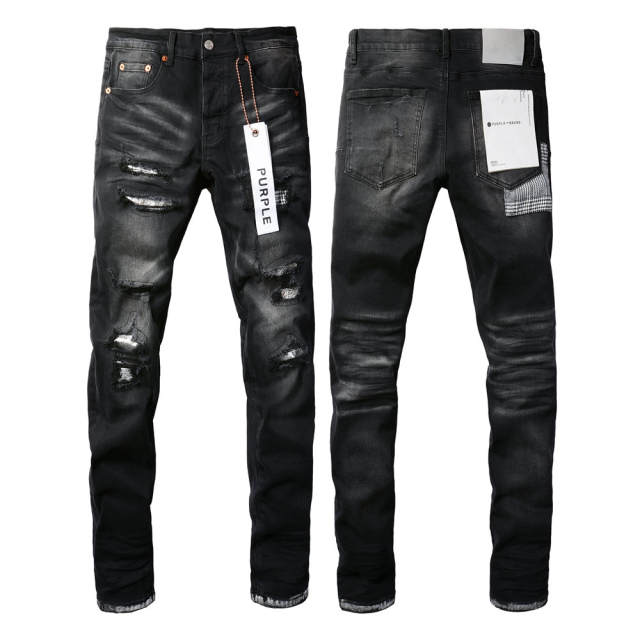 #9001 1:1 PURPLE BRΑND Black Checkered Destroy Denim Jeans