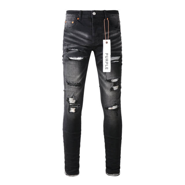 #9001 1:1 PURPLE BRΑND Black Checkered Destroy Denim Jeans